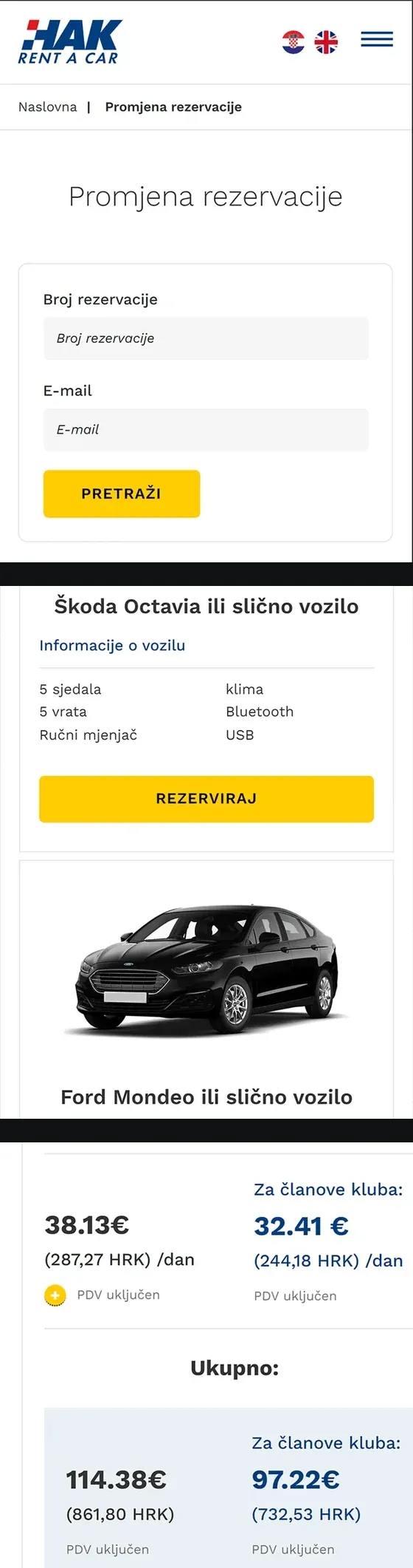 HAK Rent a car na mobitelu: promjena rezervacije, ponuda vozila i cijena za članove kluba
